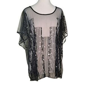 Sheer Black and Sequined Short Sleeved Tie Back Top